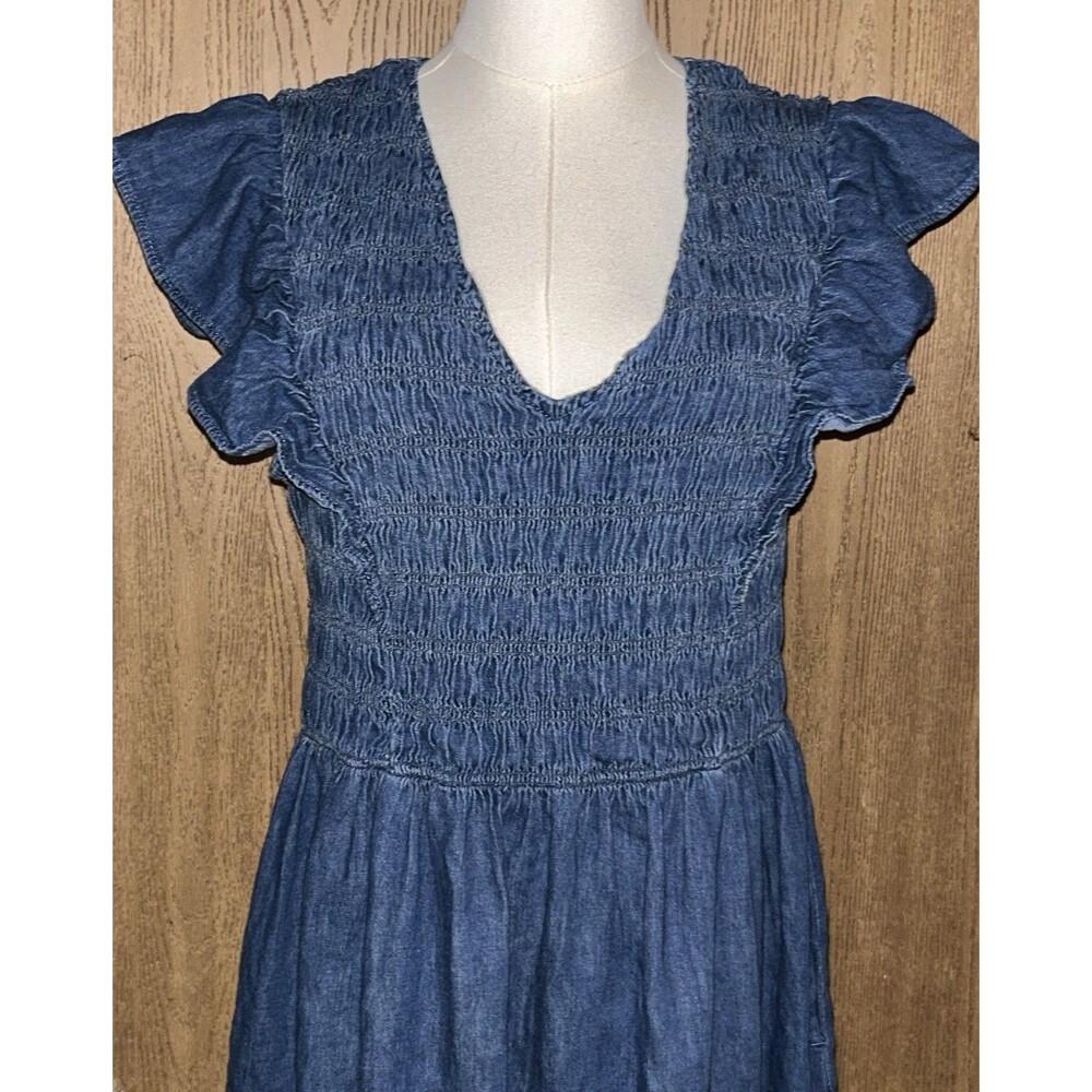 Women’s L 100% Cotton Denim Ruffle Sleeve Smocked Midi Dress with Washwell - Picture 3 of 9